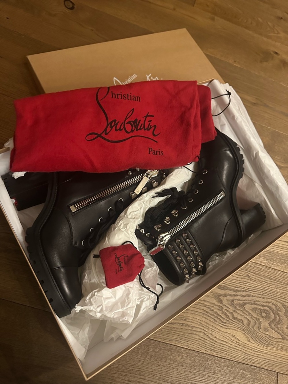 Christian Louboutin Hiver Winter Spikes Black Studded Leather Lace-Up Heel Boots